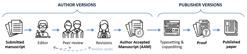 Diagram showing a publication workflow, with author versions and publisher versions of manuscripts identified. Beginning with the submitted version, the flow chart progresses to the editor, to peer review, then to revisions, before resulting in an Author Accepted Manuscript, or AAM - these are in the "author versions" section of the diagram. Moving into the "publisher versions" section, the publication progresses to typesetting and copyediting, before becoming a proof, then finally a published paper.